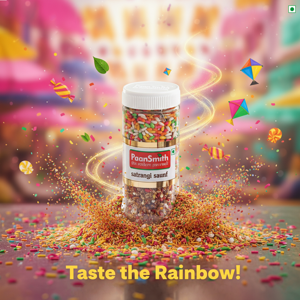 Jar of colorful saunf with 'PaanSmith' label