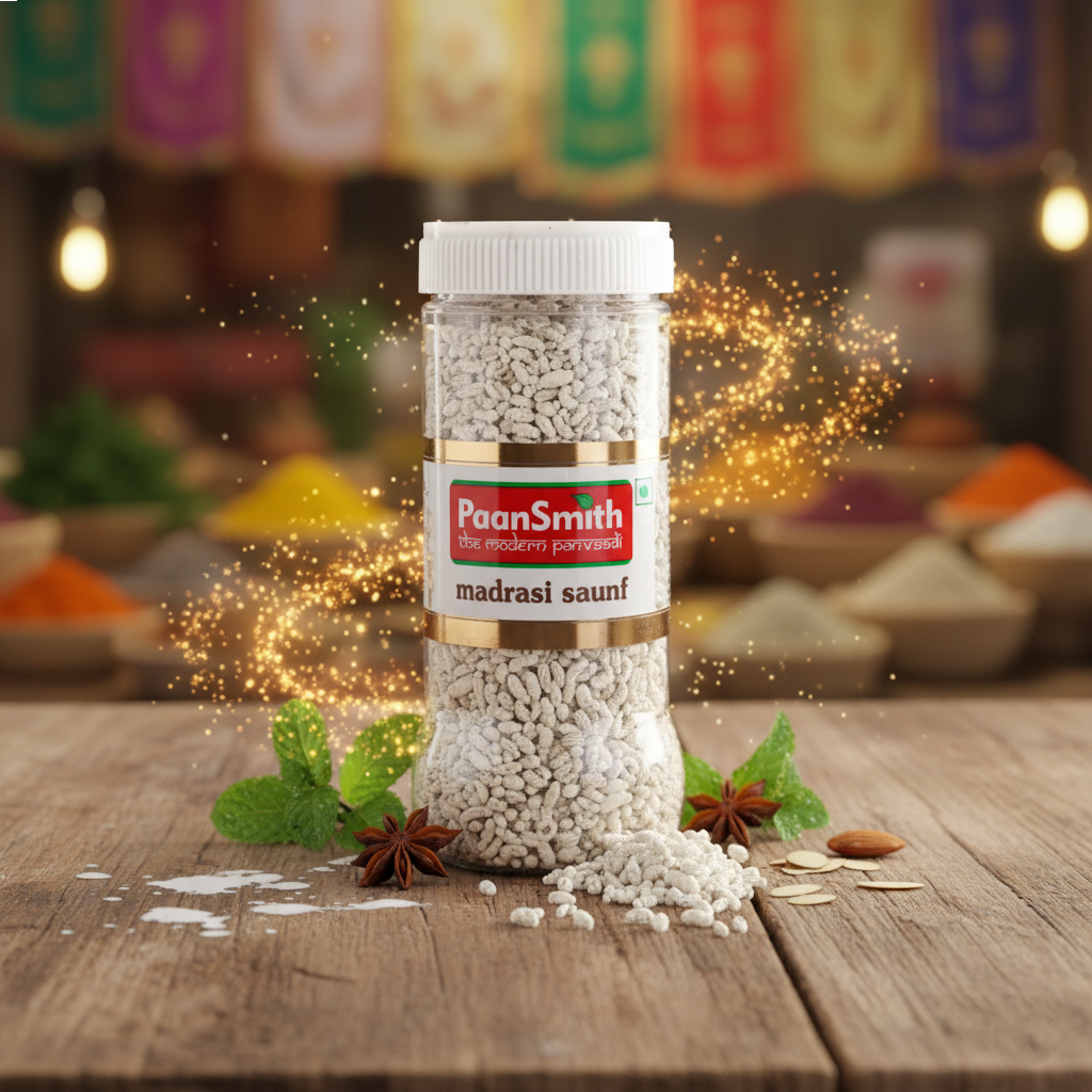 Jar of PaanSmith madrasi saunf spice on a wooden table with decorative elements.